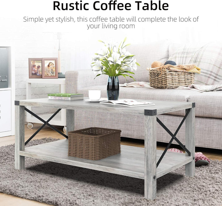 Farmhouse Coffee Table, 2-Tier Industrial Wood Look Grey