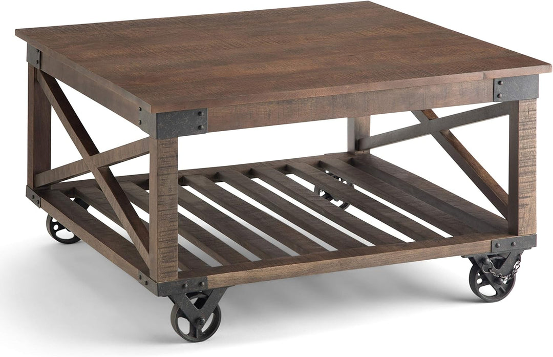 Solid Mango Wood and Metal Industrial Coffee Table, 32-inch, Distressed Dark Brown