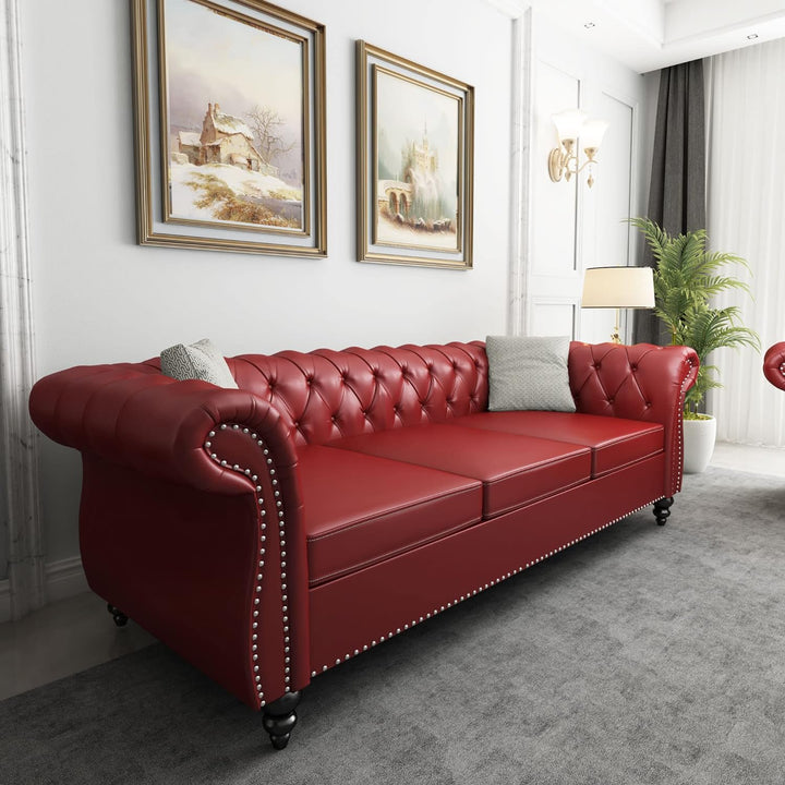 Chesterfield Sofa Leather, Modern PU Tufted Couch 3 Seater