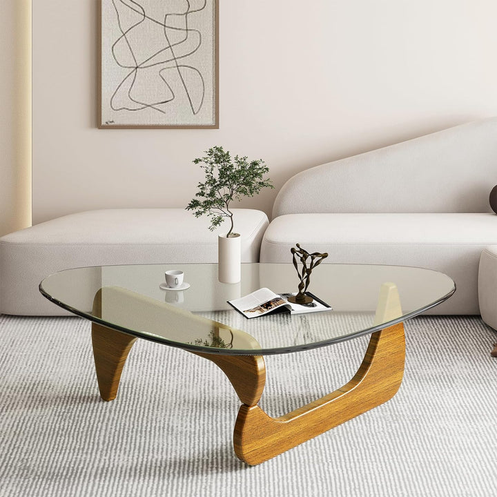 Mid-Century Modern Coffee Table with Triangle Glass Top (Walnut/Transparent)