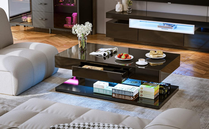 Modern LED Coffee Table with Drawer, Black High Glossy Rectangle Coffee End Table with 16 Color Lighting