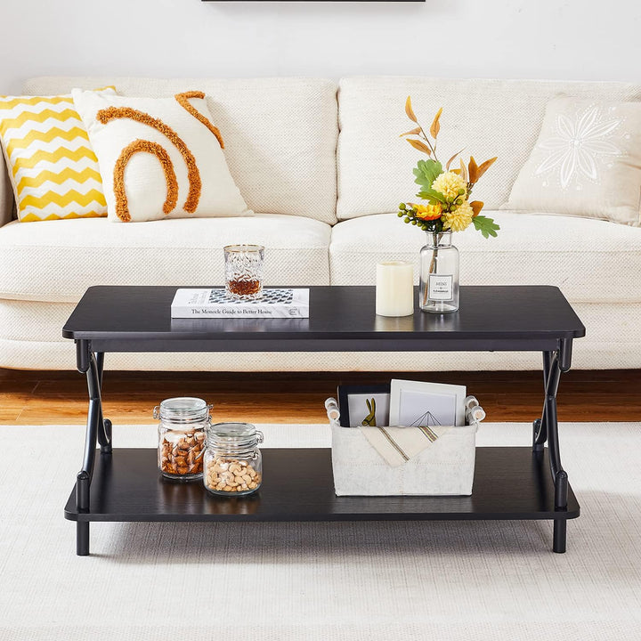 Modern Rectangle Coffee Table, Storage, Open Shelves, White, Gold