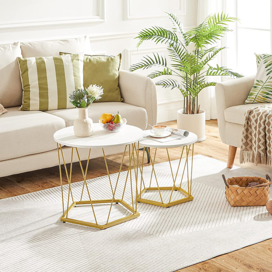 Small Coffee Table Set, Round End Tables, Metal Frame, Wooden Top