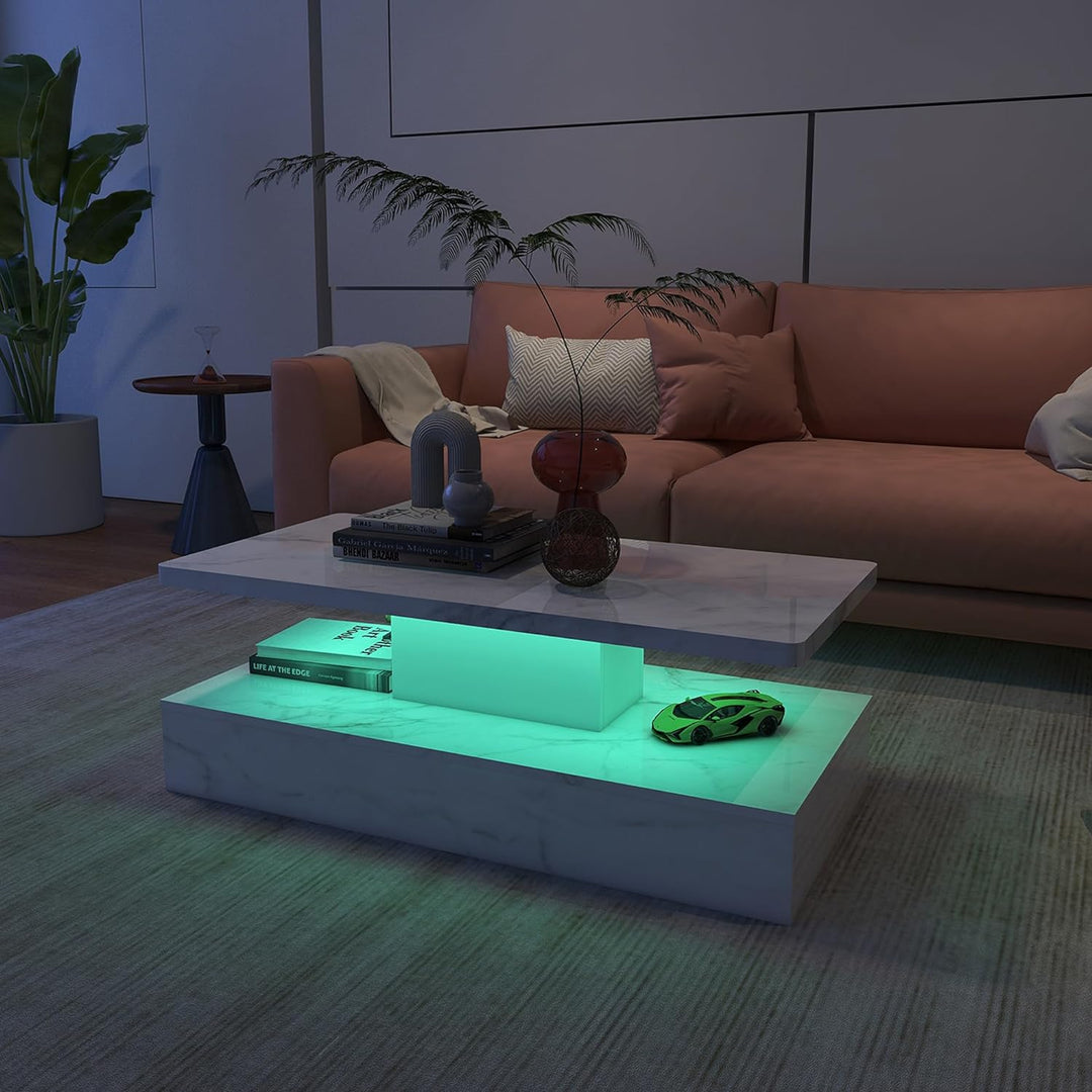 LED Coffee Table, Modern Marble Coffee Table with High Gloss Surface