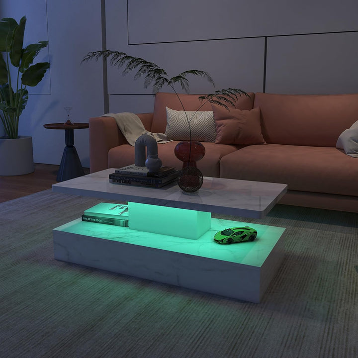 LED Coffee Table, Modern Marble Coffee Table with High Gloss Surface