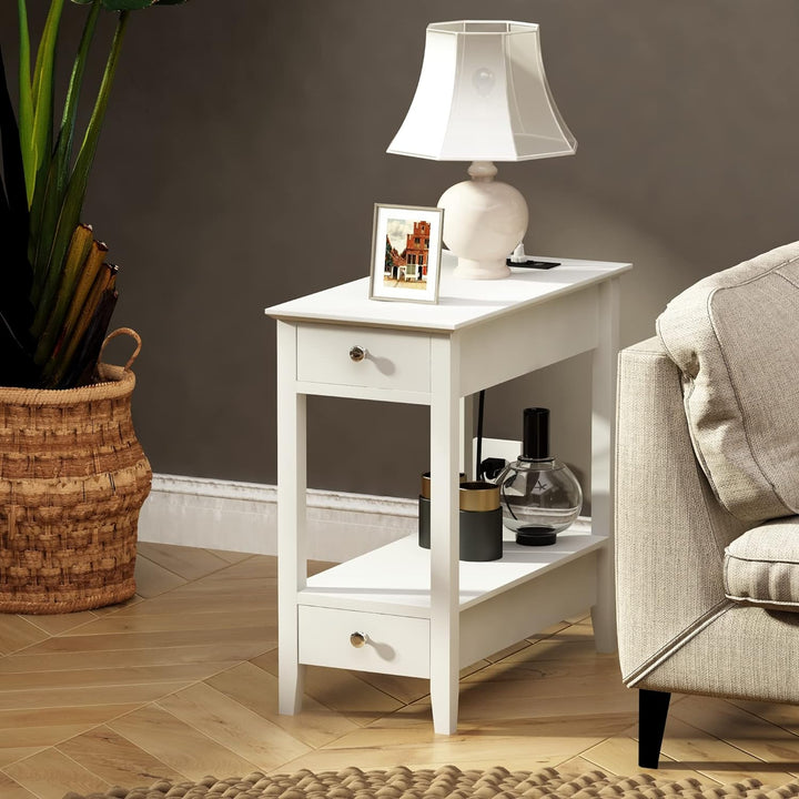 Side Table with Charging Station, 2-Drawer Nightstand