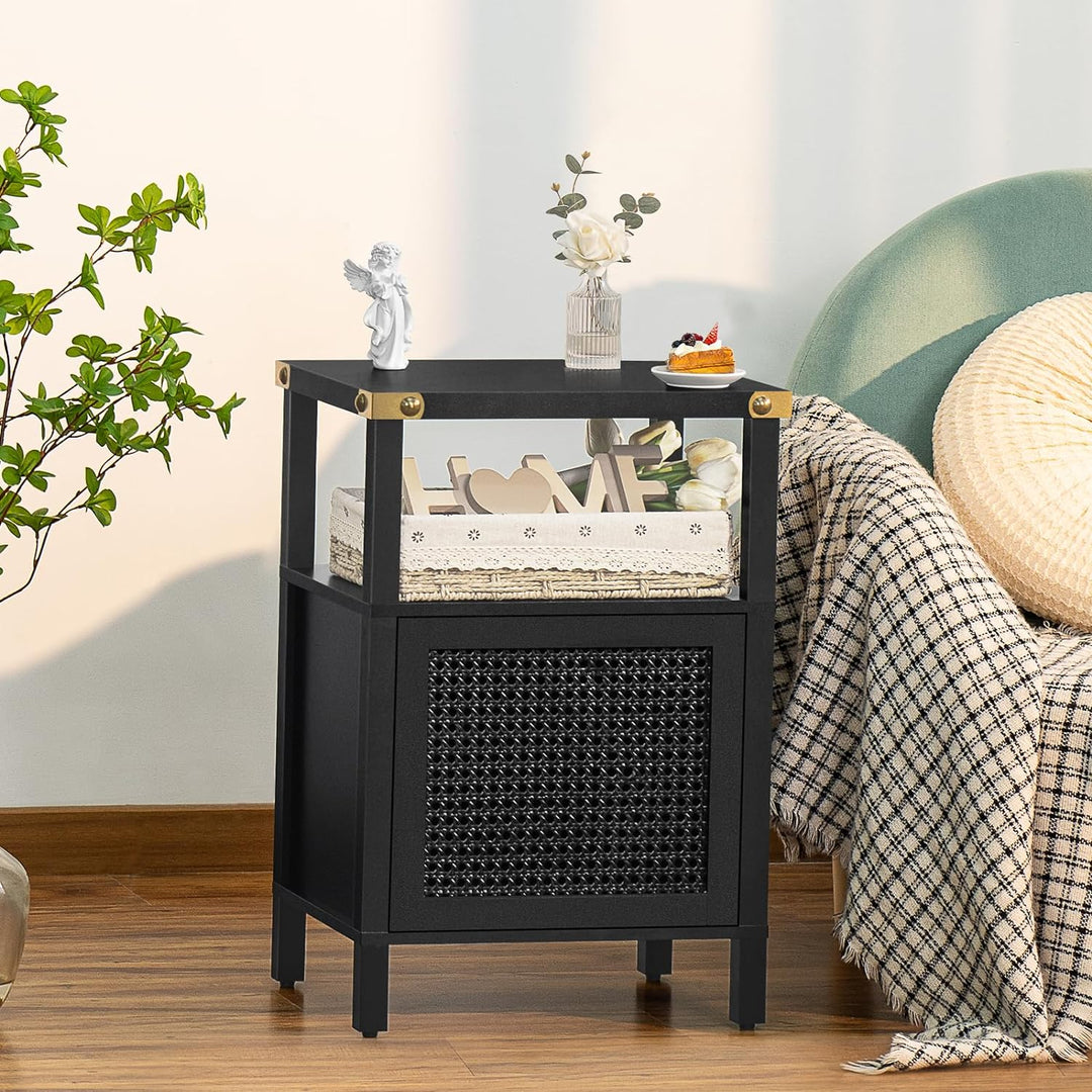 Rattan Nightstand, Side End Table with Storage