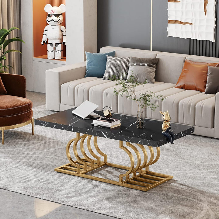 Faux Marble Coffee Table with Geometric Frame, Black and Gold