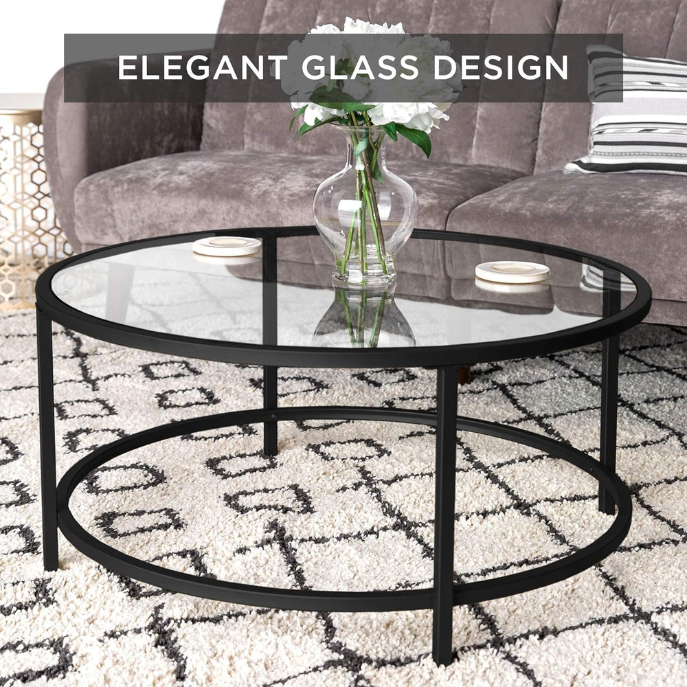 Modern Round Tempered Glass Accent Side Coffee Table, Black