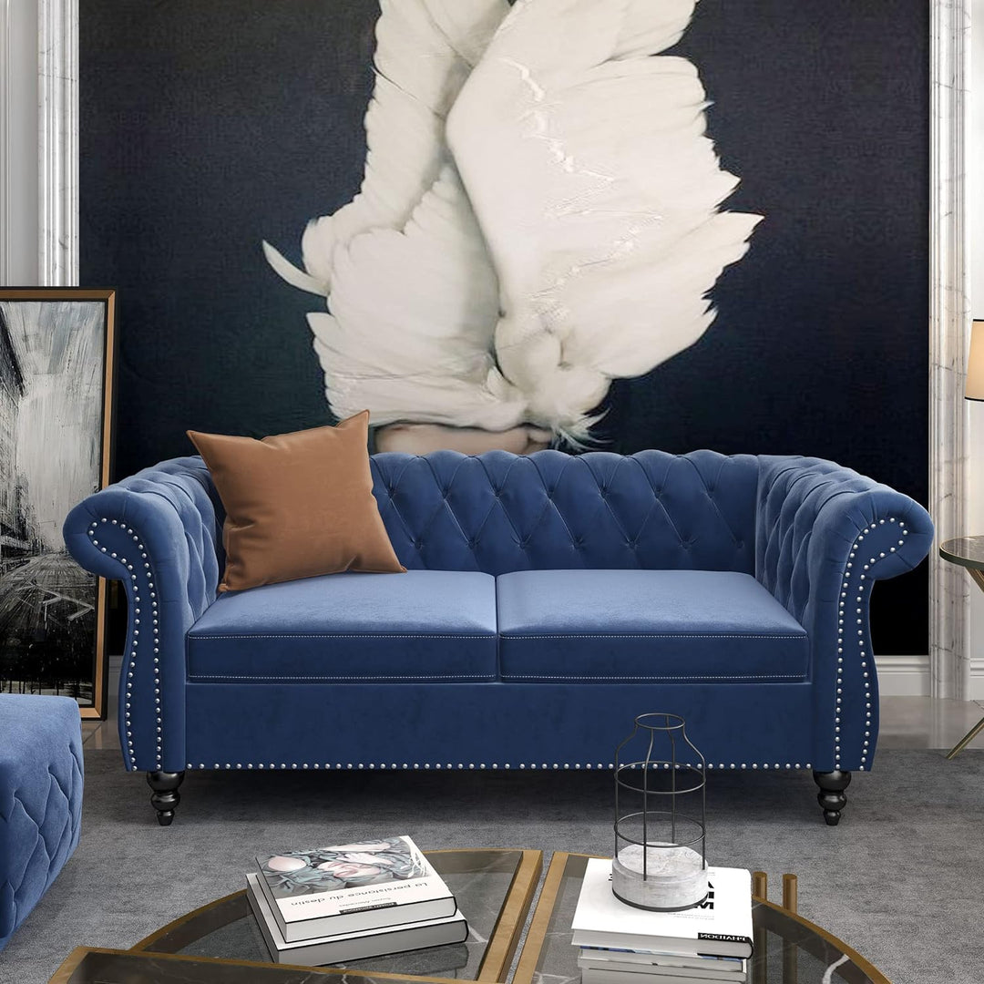 Chesterfield Loveseat, Modern Velvet Sofa Tufted Couch (Blue)