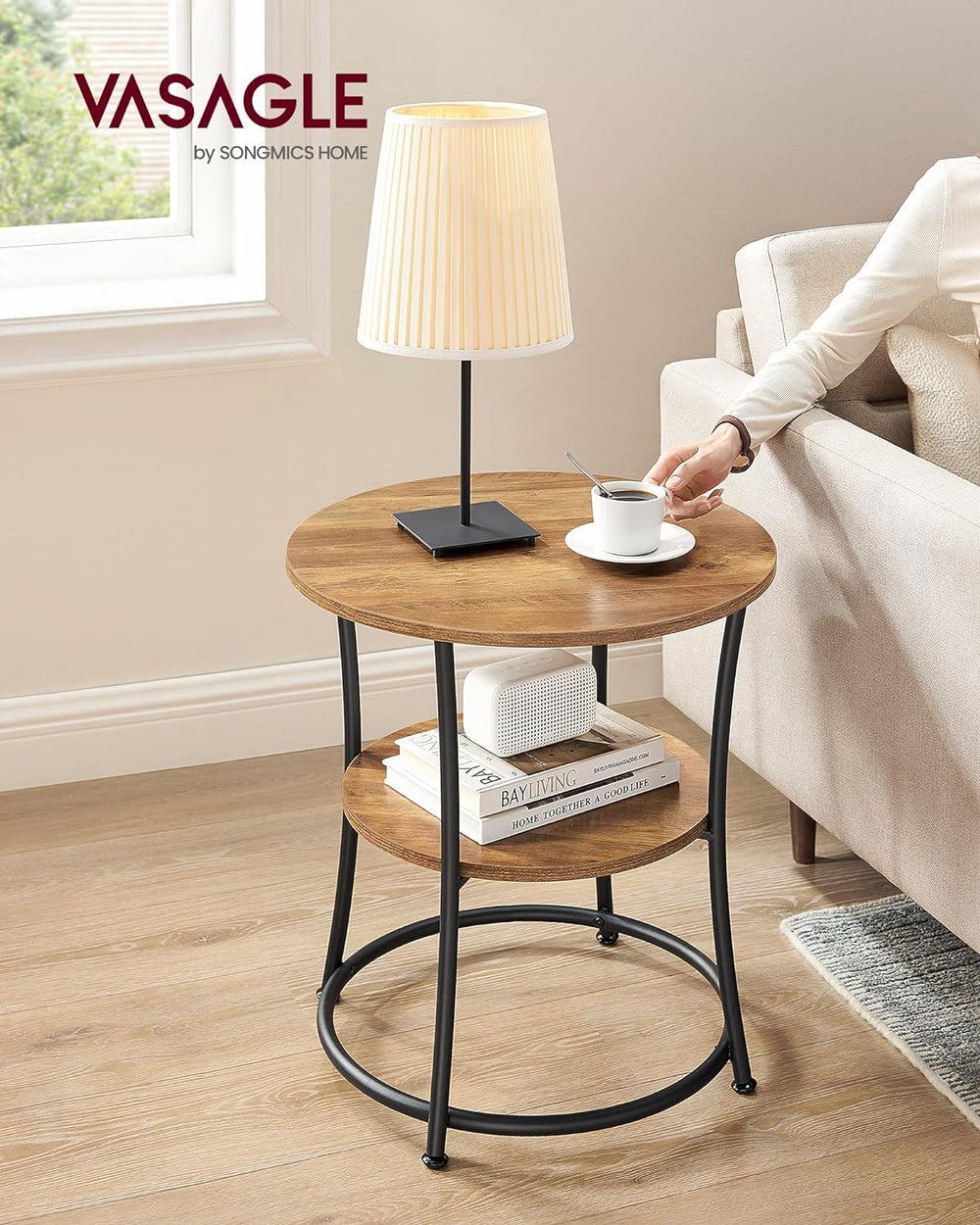 Round End Table 2 Shelves Steel Frame Rustic