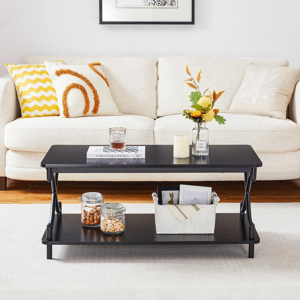 Modern Rectangle Coffee Table, Storage, Open Shelves, White, Gold