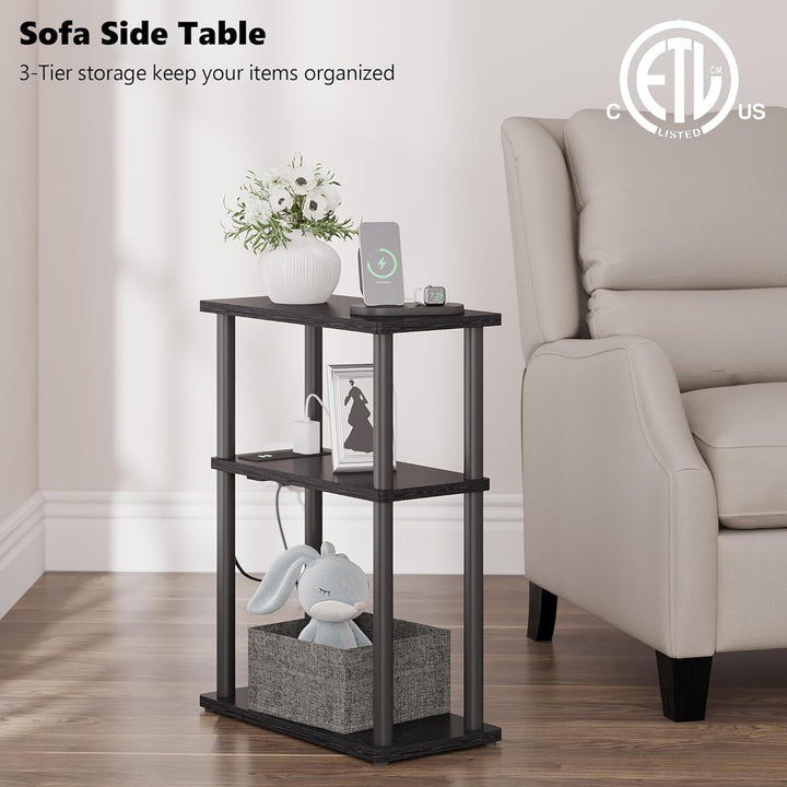 Small Side Table w/ Charging Station, 3 Tier Bedside Table