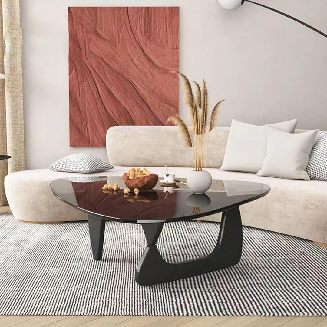 Triangle Coffee Table in Walnut, Mid-Century Modern Solid Wood Base and Triangle Clear Glass Coffee Table for Living Room, Low Minimalist Tea Table