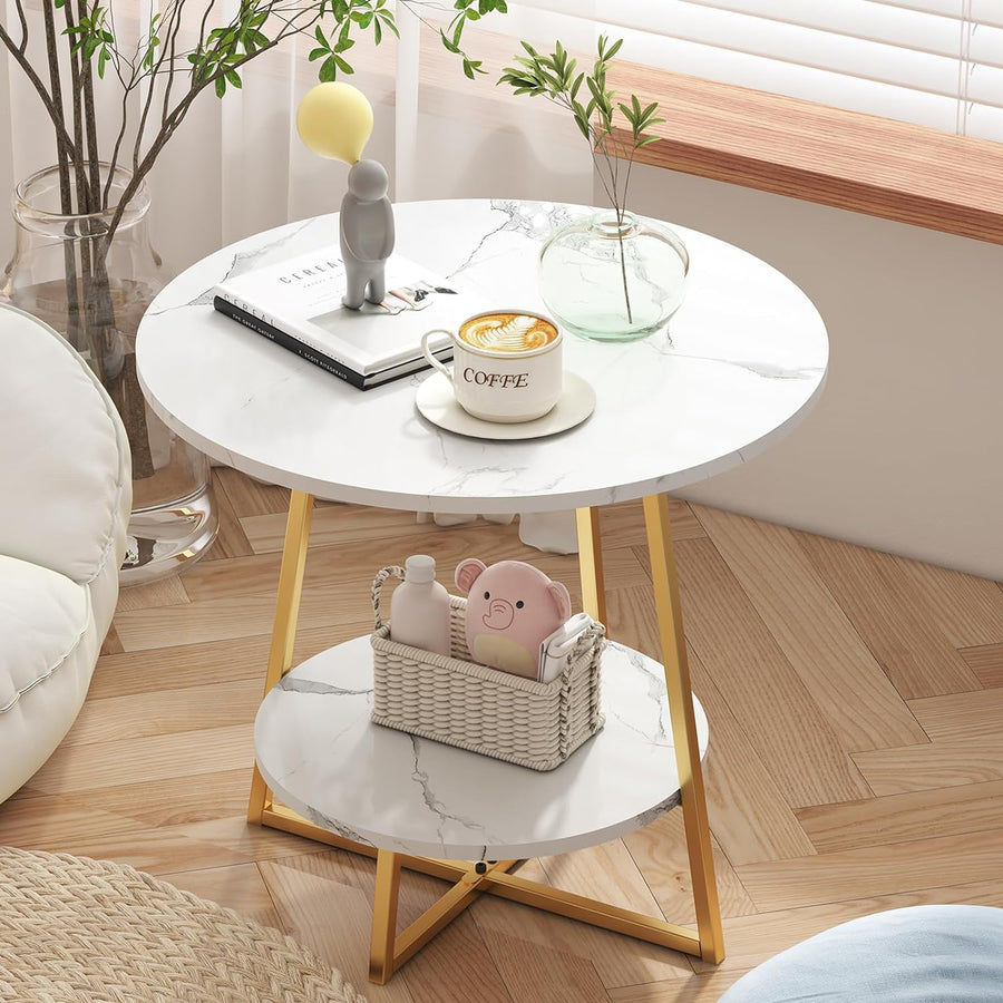 Modern Round Coffee Tables, End Table, White Marble Wood Tray, Gold