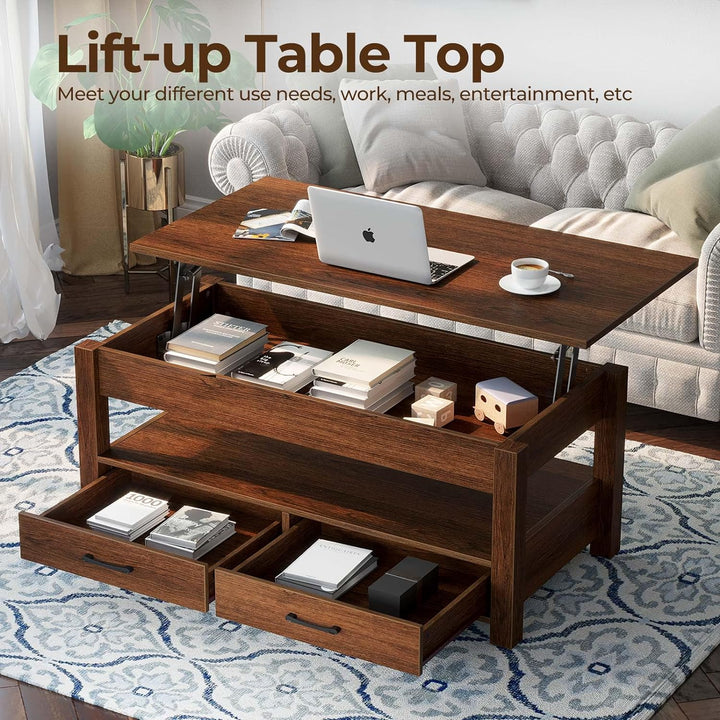 Lift Top Coffee Table with Drawers, Retro Central Table, Espresso