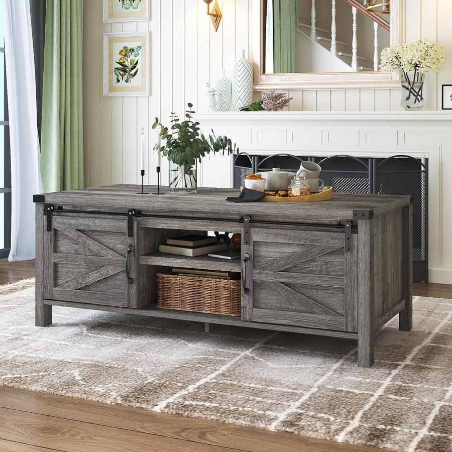 Rustic Farmhouse Coffee Table with Sliding Barn Doors, Grey