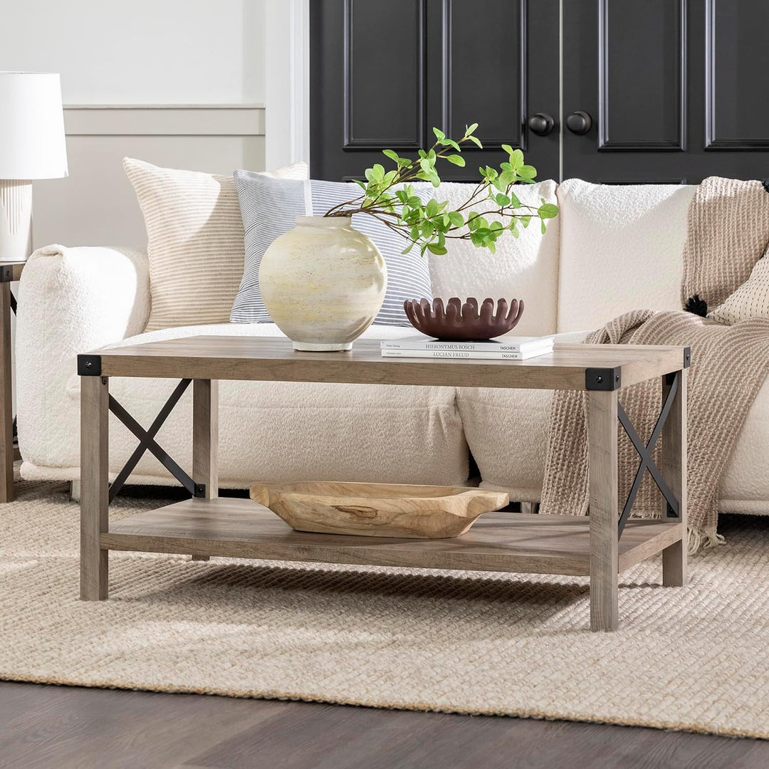 Sedalia Modern Farmhouse Metal X Coffee Table, Grey Wash