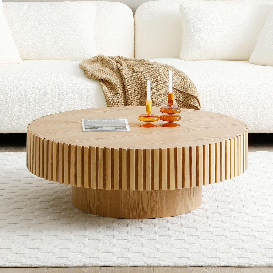 Elegant Black Wood Coffee Table, Contemporary Circle Fluted, 31.49"-wooden