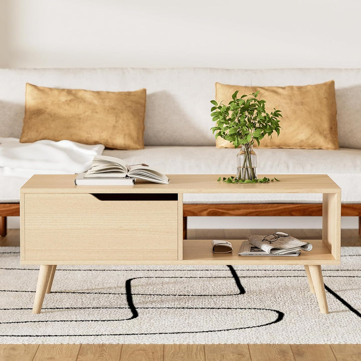 Elegant Mid-Century Modern Oak Coffee Table with Storage