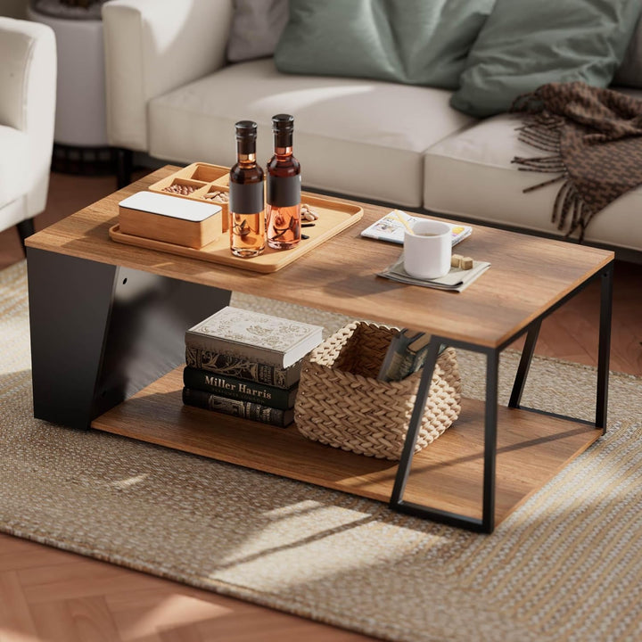 Rustic 2-Tier Coffee Table, Rectangular Wood Center Table with Storage, Metal Frame, Walnut