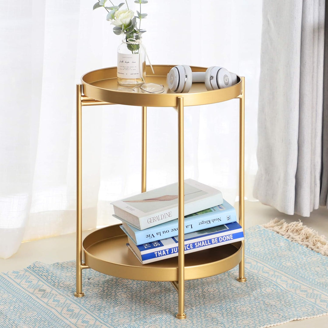 2-Tier End Table Metal Round Side Table, Gold