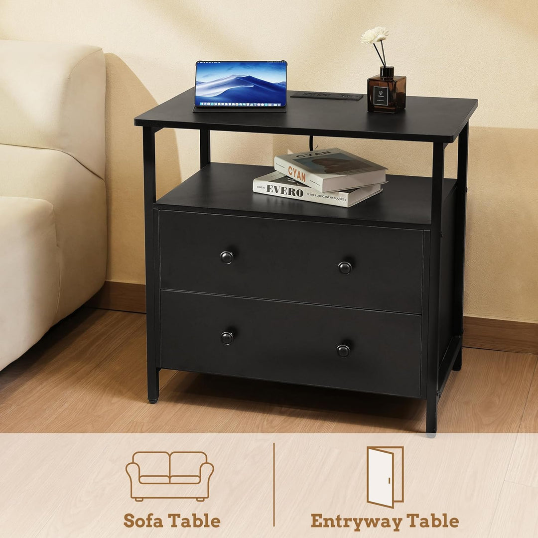 27" Nightstand w/Charging Station, 2 Drawers, Open Shelf