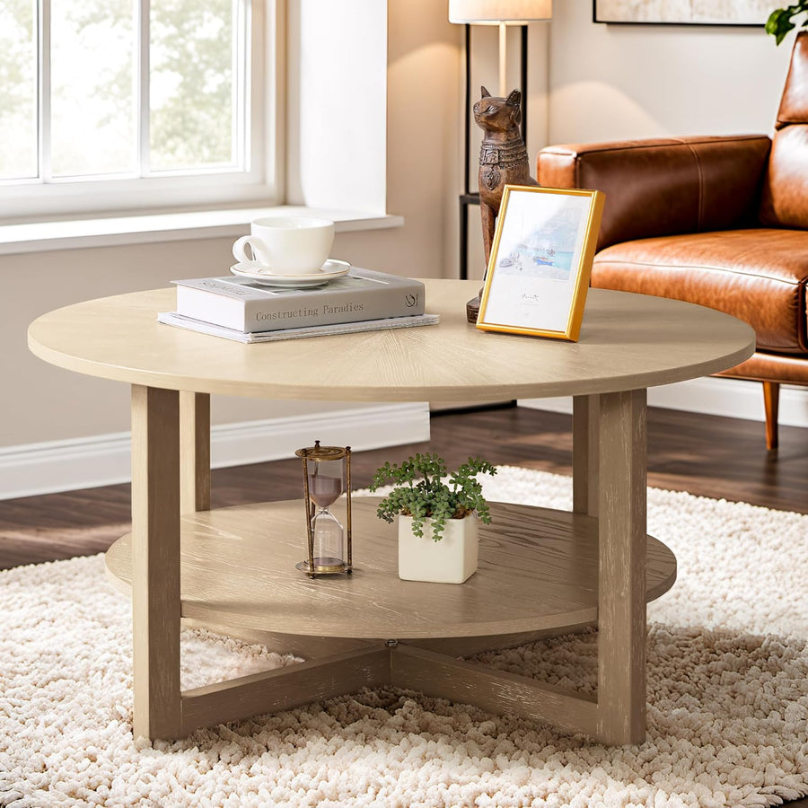 Stylish Round Coffee Table with 2-Tier Storage, Solid Wood Legs, Light Oak Brown