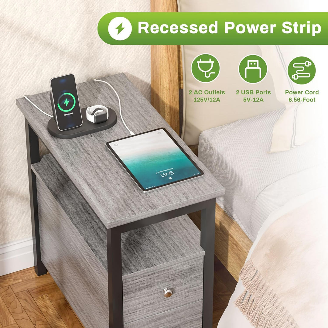 2 End Tables w/ Charging Station, 2 Drawer, USB, Grey