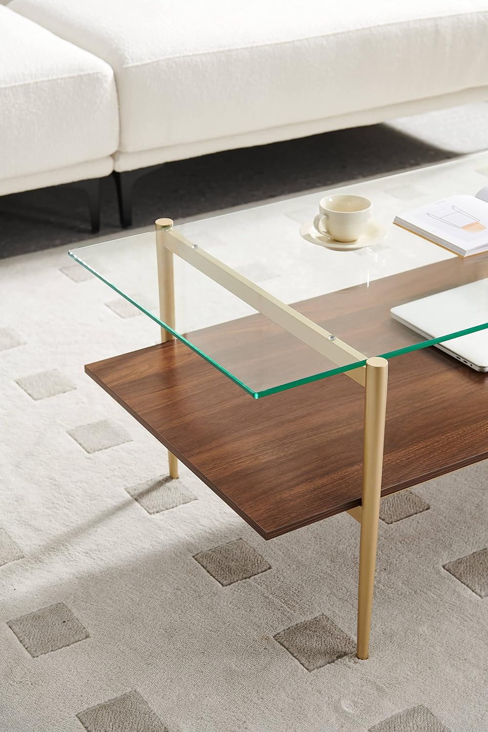 Elegant Glass Coffee Table with Walnut Wood Top, Gold Finish