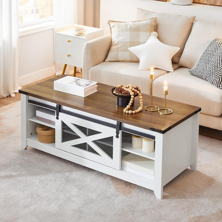 White Farmhouse Coffee Table, Rectangular with Adjustable Shelves