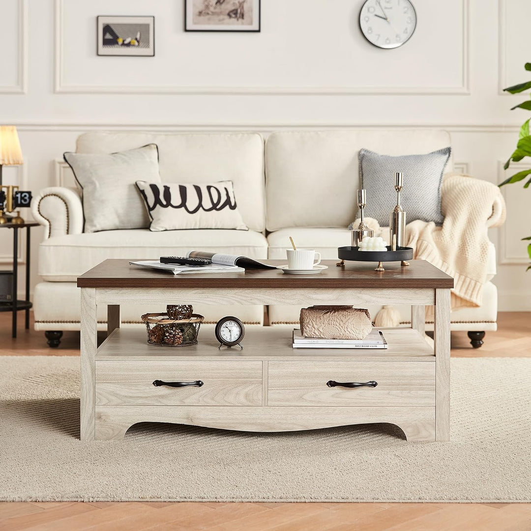 Farmhouse Coffee Table with Storage, Wood Coffee Table, Oak and Brown