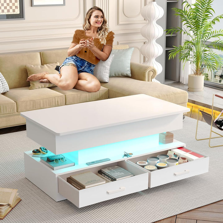 Lift Top Coffee Table with Storage and LED Light, White