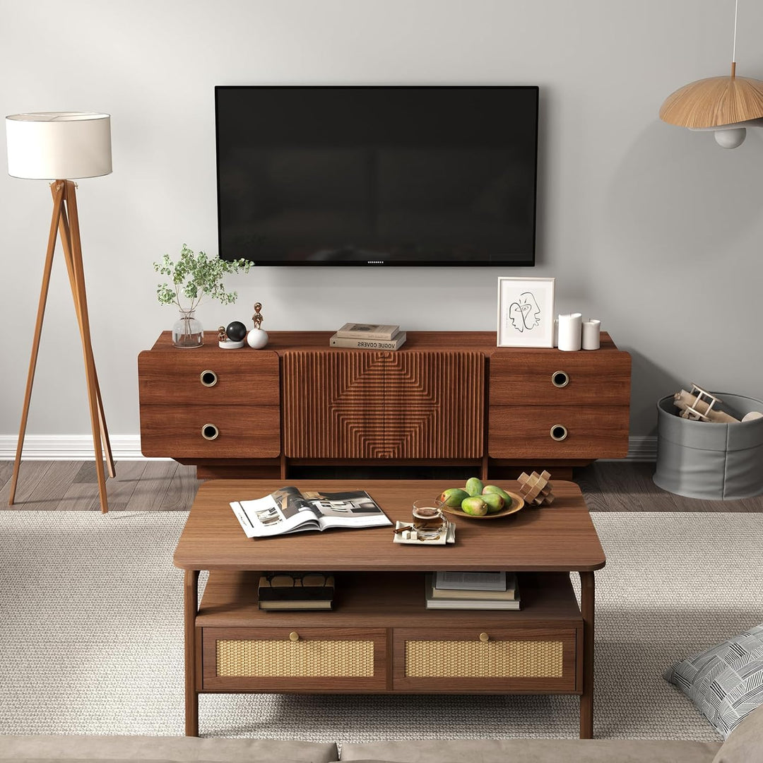 Coffee Table with Storage, Mid Century Modern, Rattan Drawers, Walnut