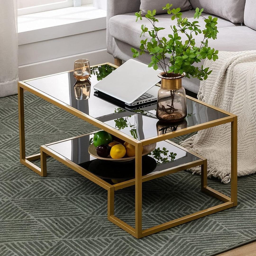 Glass Coffee Table with Brass Accent, Modern Tempered Glass Side Table