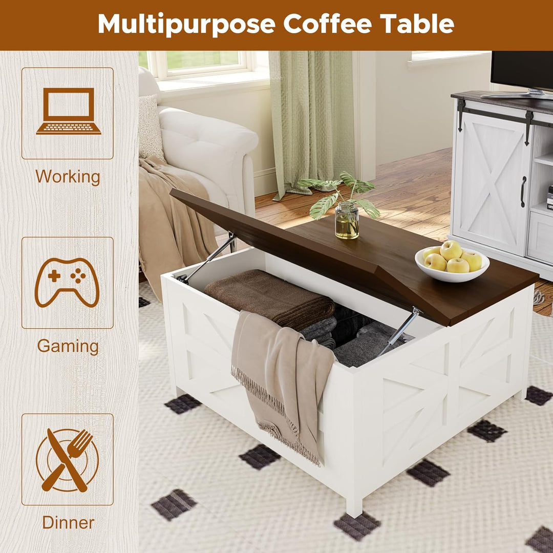 Farmhouse Lift Top Coffee Table with Hidden Storage, Charging Station, USB Ports, White