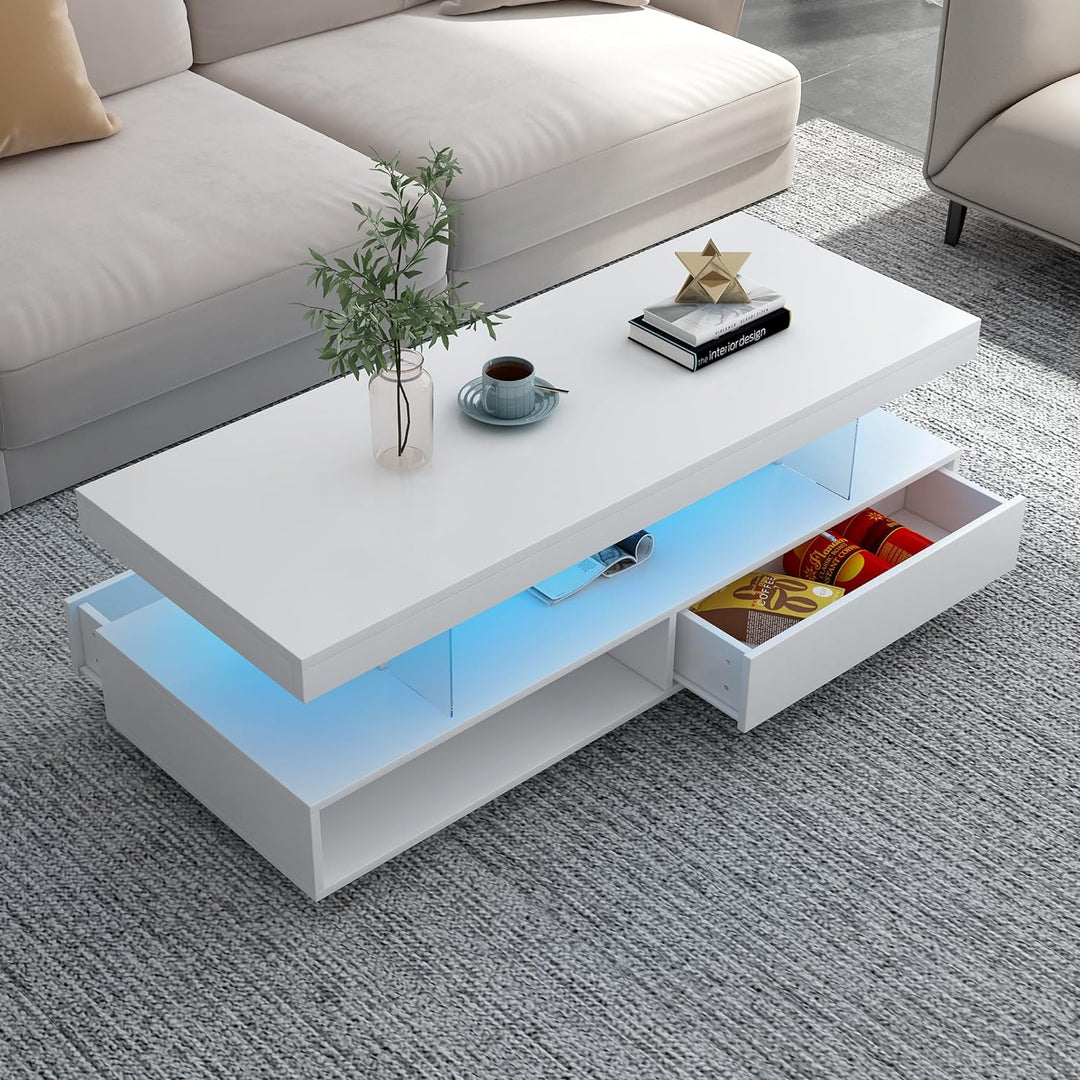 Polibi Modern LED Coffee Table with Storage, 2 Drawers, White