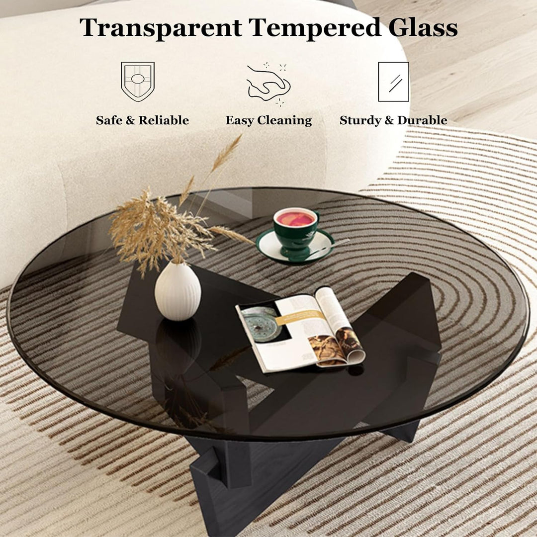 Stylish Round Glass Coffee Table, Solid Wood Legs, Black Gray