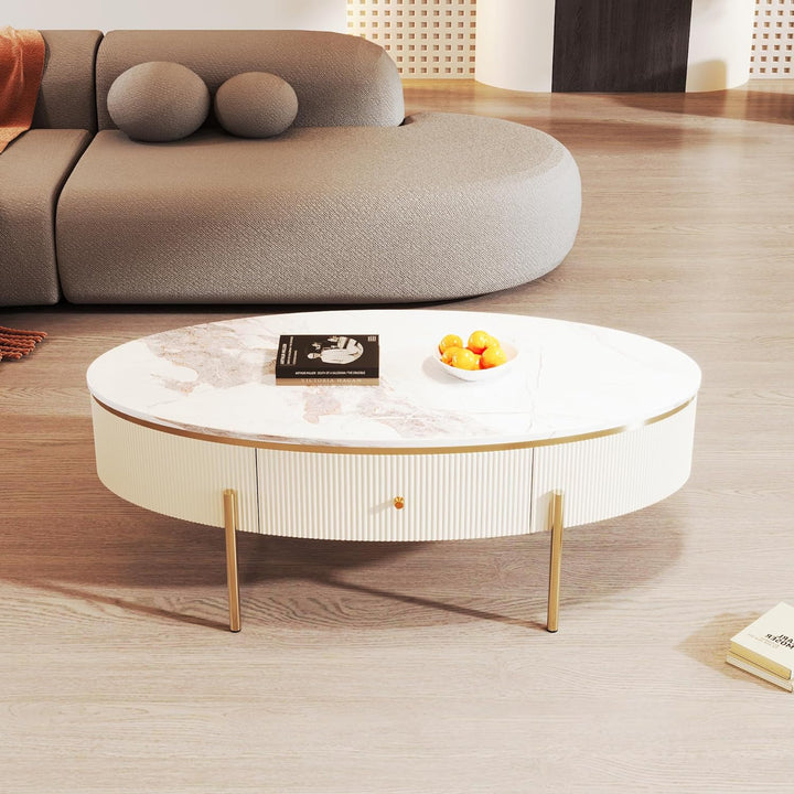 Elegant Oval Coffee Table with Storage, 47.2"x23.6", White