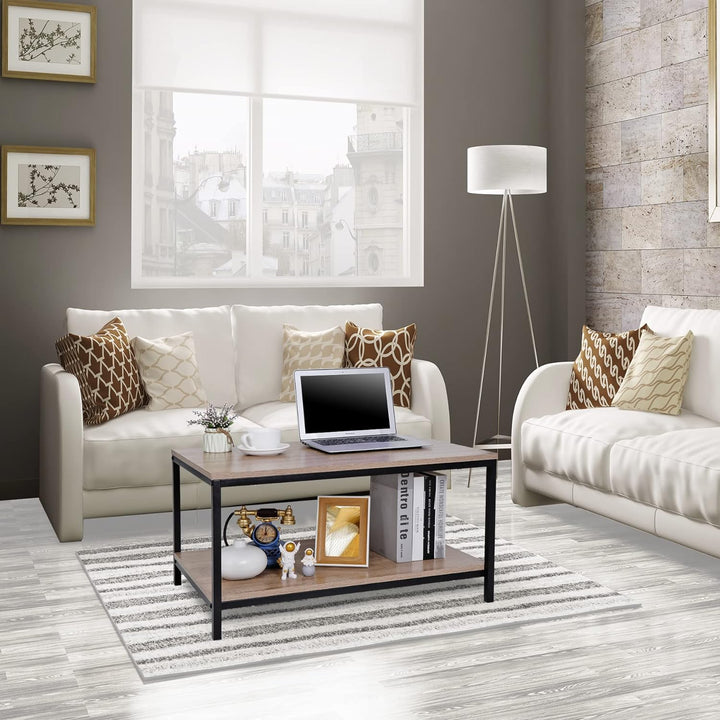 Super Deal 2-Tier Industrial Coffee Table with Storage Shelf, Light Brown