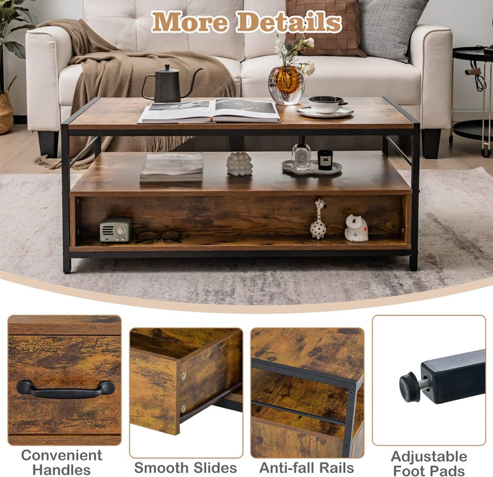 Tangkula Industrial Rectangular Coffee Table, Wooden Accent Console Table, Rustic Brown