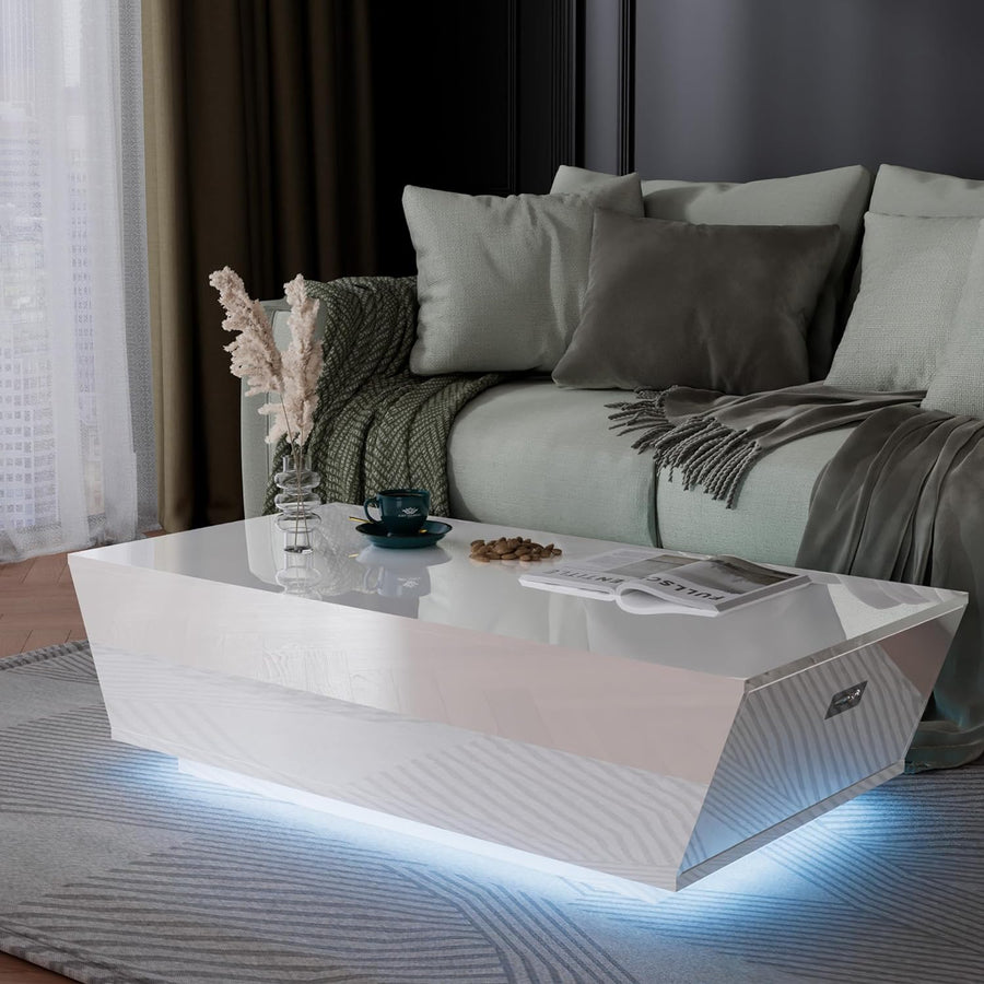 Cozy Castle Modern Coffee Table with LED Lights, High Gloss Storage, White