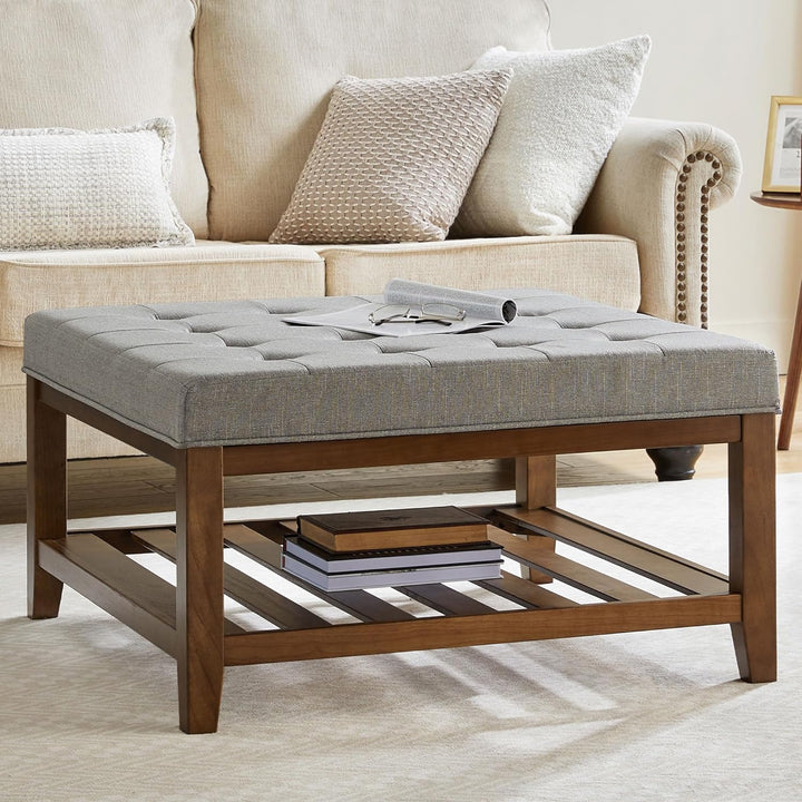 Elegant Square Ottoman Coffee Table, Button Tufted, Grey