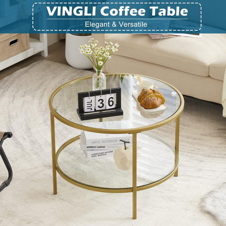 Elegant Glass Coffee Table, Champagne Gold Finish