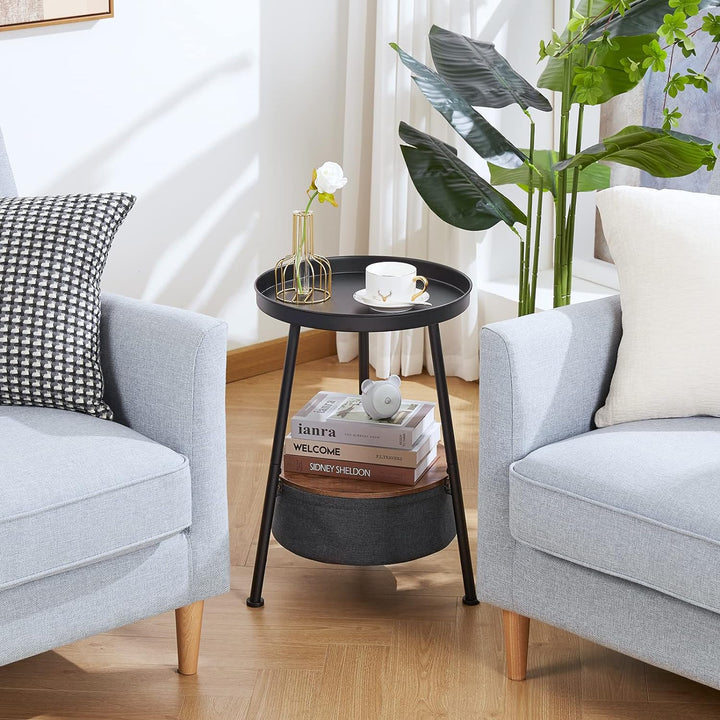 Industrial Round End Table, 2 Tiers Black Round Side Table with Storage Basket