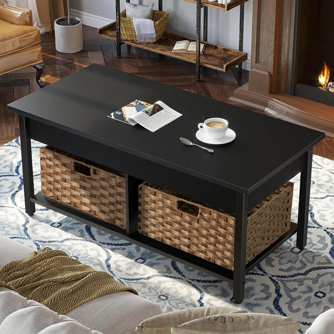 Rolanstar Coffee Table with Lift Top, Hidden Storage, Rattan Baskets, Black