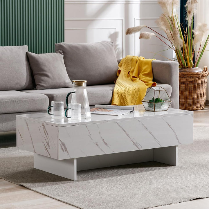 Marble White Cool Coffee Table, Rectangular Glossy Smart Contemporary Center Table, White