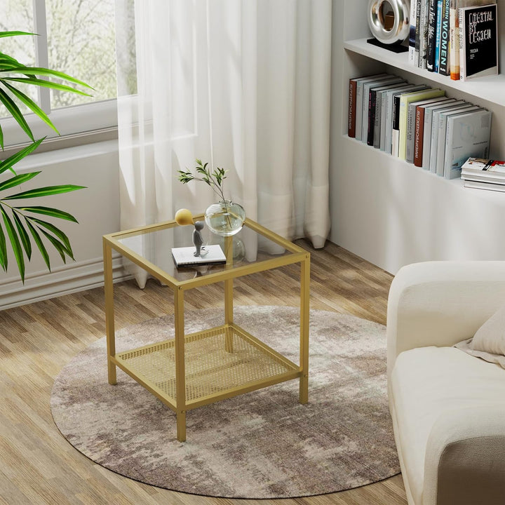 Elegant 2-Tier Glass Side Table with Gold Frame