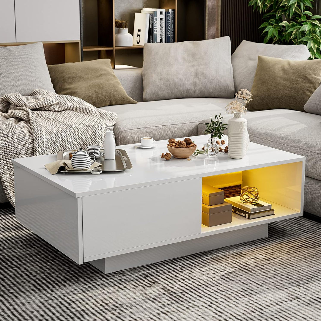 Stylish White LED Coffee Table with Color-Changing Lights, White