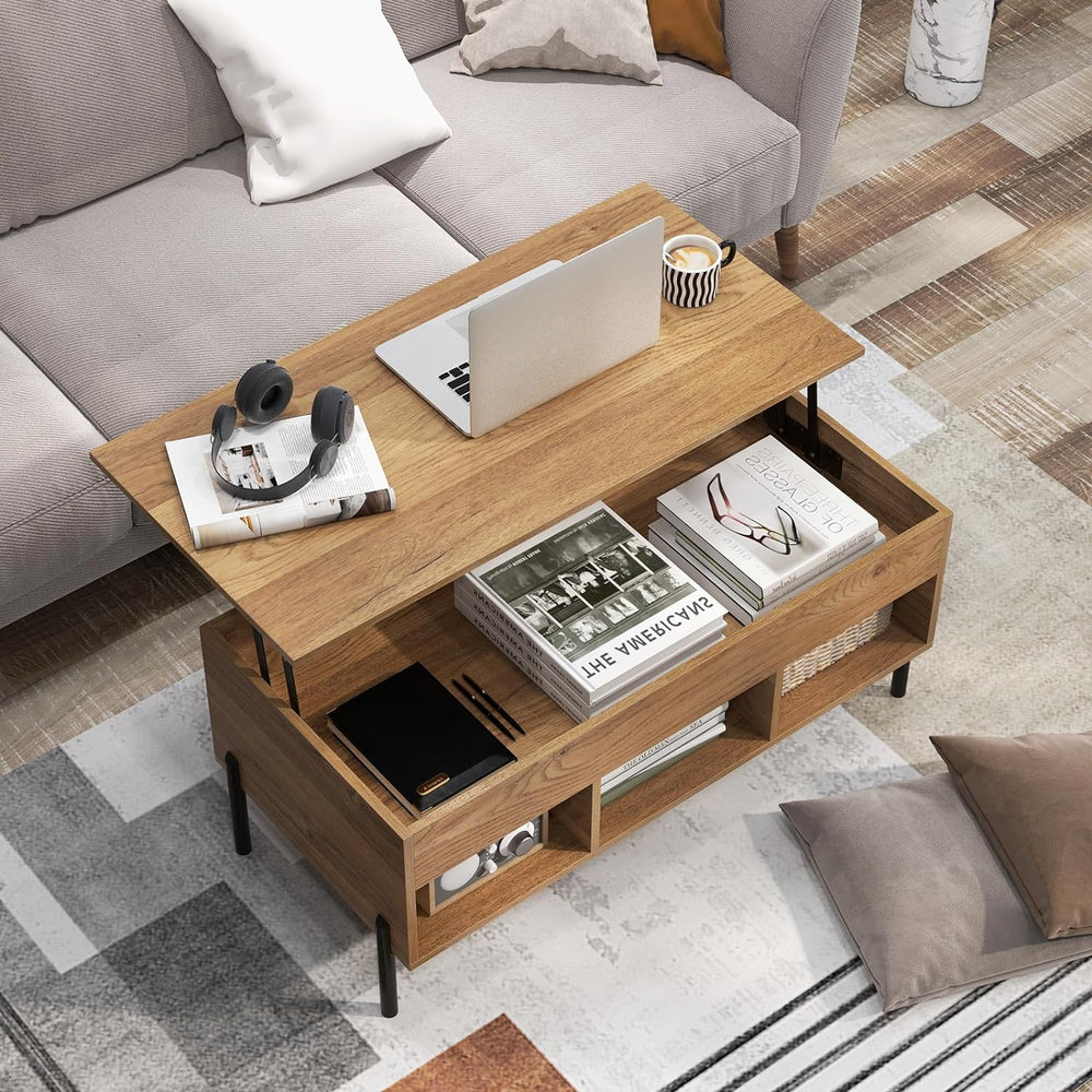 Lift Top Coffee Table with Hidden Compartment, Multifunctional Wood Dining Table, Natural